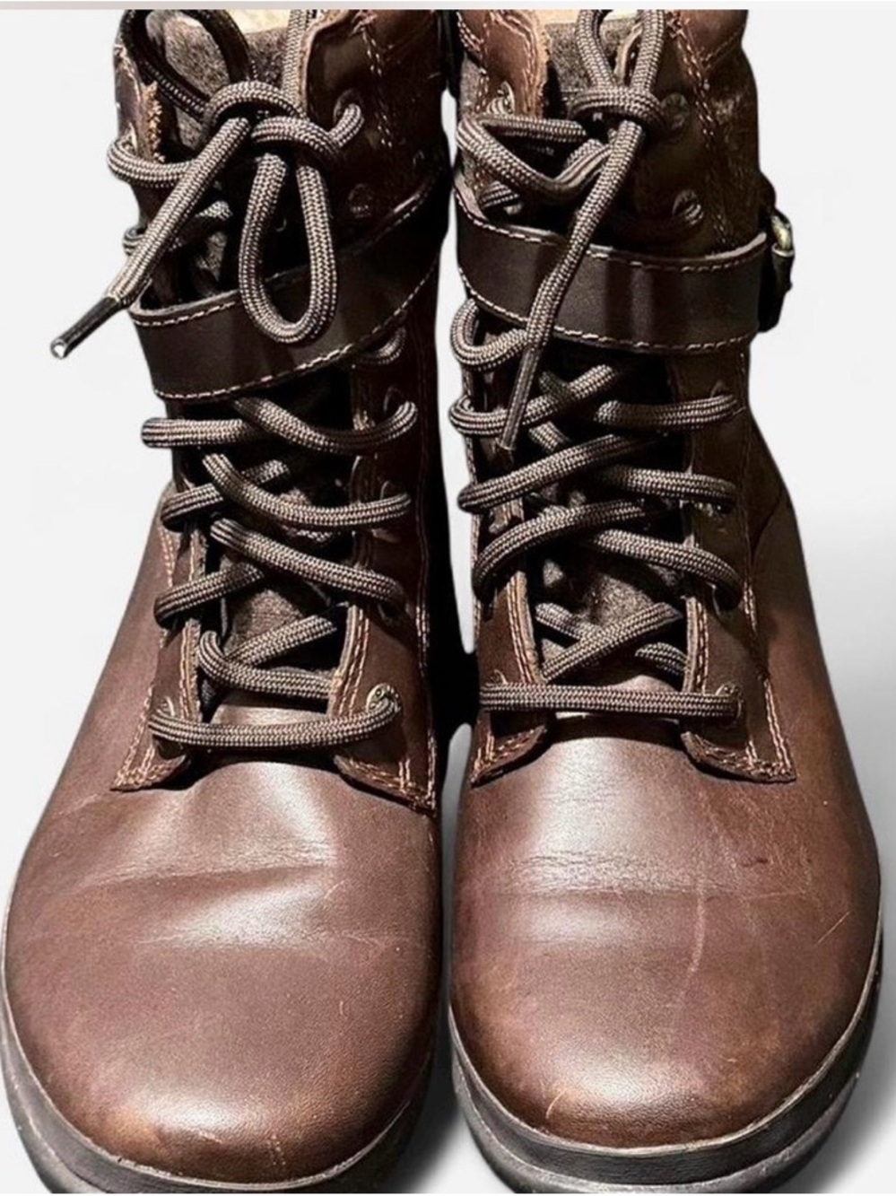 UGG Brown Leather & Wool Lace-Up Ankle Boot with Buckle - Picture 2 of 8